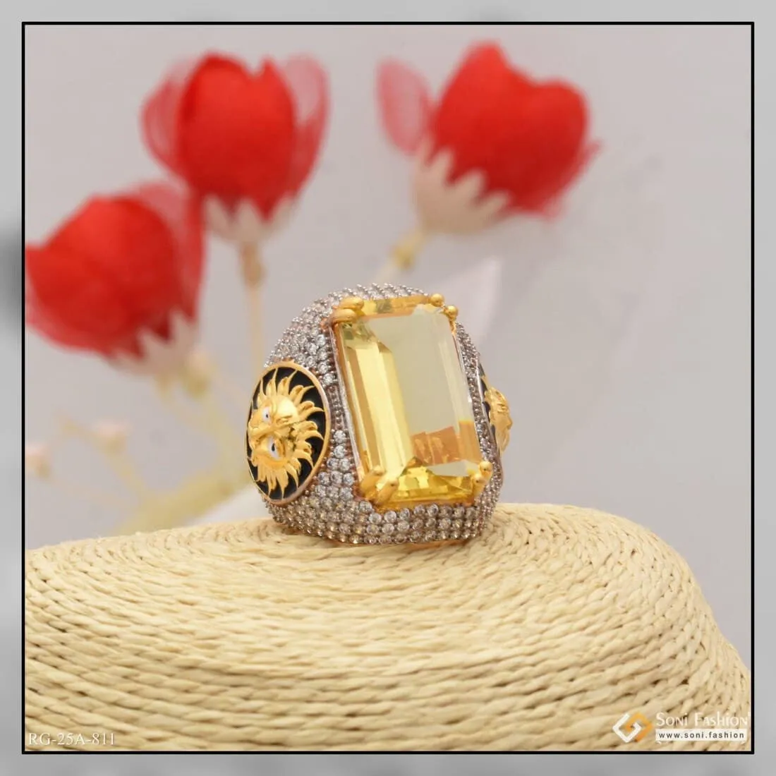 1 Gram Gold Forming Yellow Stone with Diamond Funky Design Ring for Men - Style A811