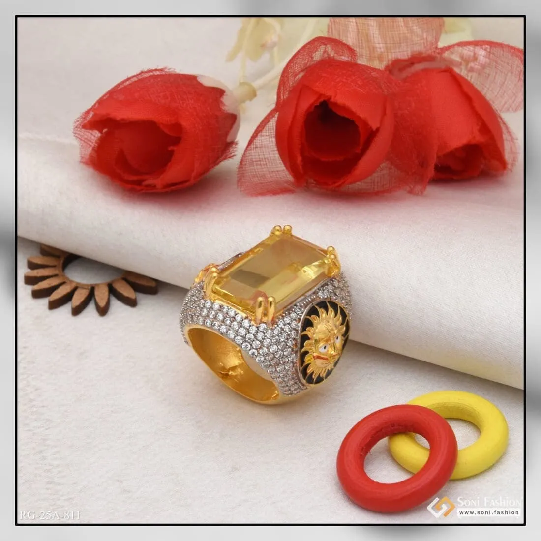 1 Gram Gold Forming Yellow Stone with Diamond Funky Design Ring for Men - Style A811