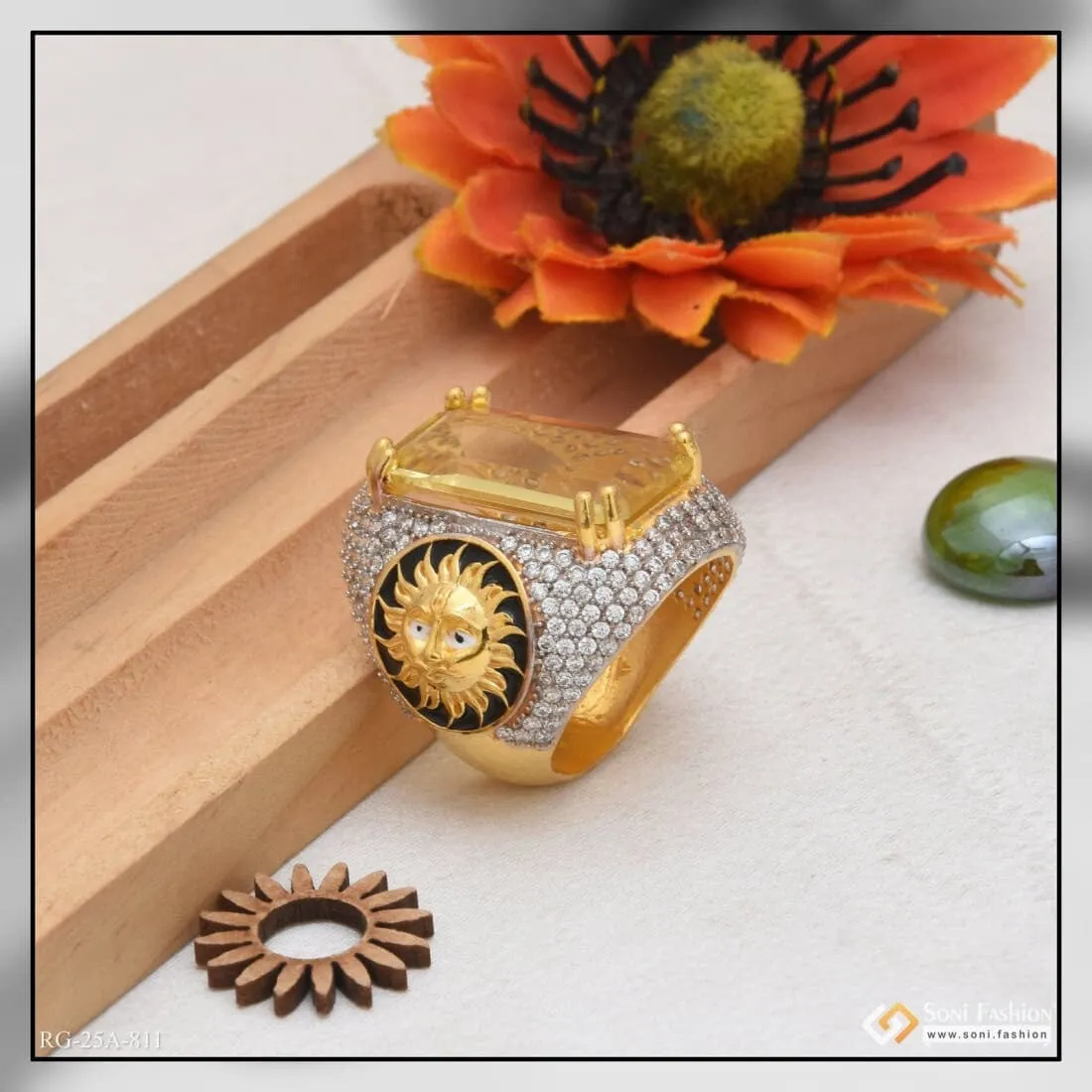 1 Gram Gold Forming Yellow Stone with Diamond Funky Design Ring for Men - Style A811