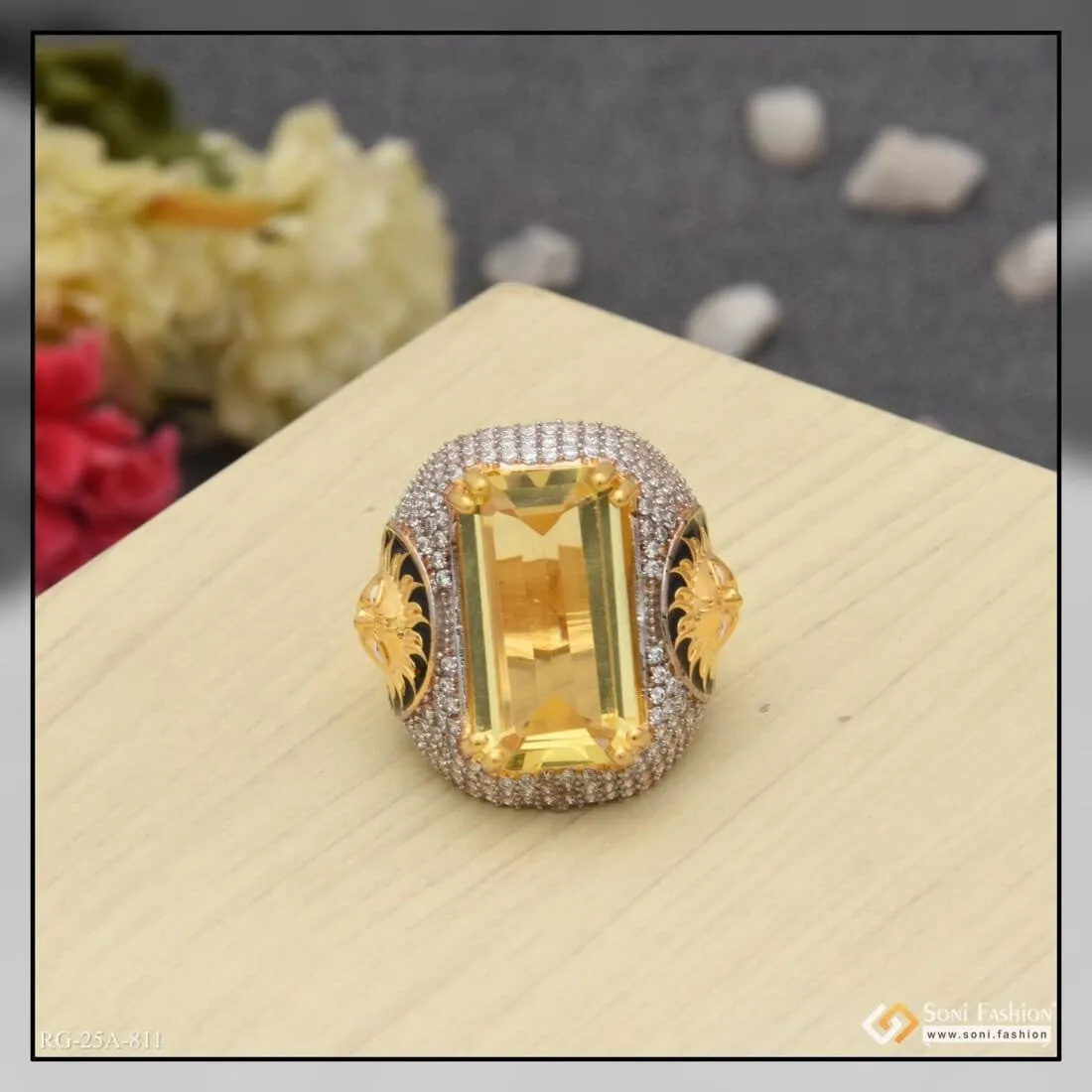 1 Gram Gold Forming Yellow Stone with Diamond Funky Design Ring for Men - Style A811