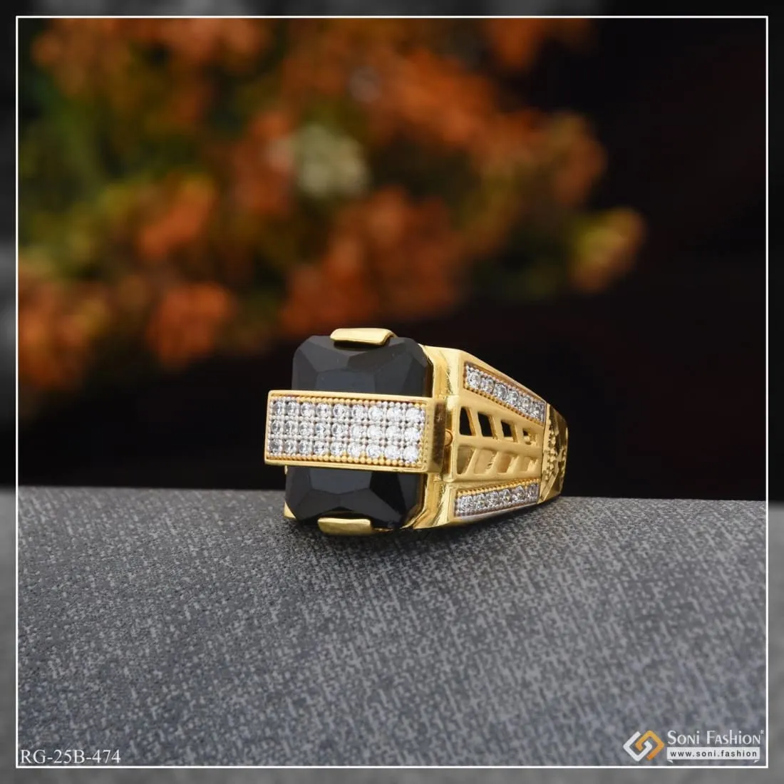 1 Gram Gold Plated Black Stone With Diamond Best Quality Ring For Men - Style B474