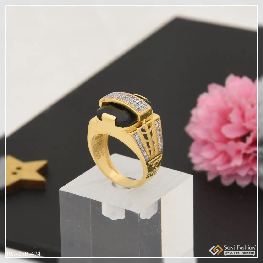 1 Gram Gold Plated Black Stone With Diamond Best Quality Ring For Men - Style B474