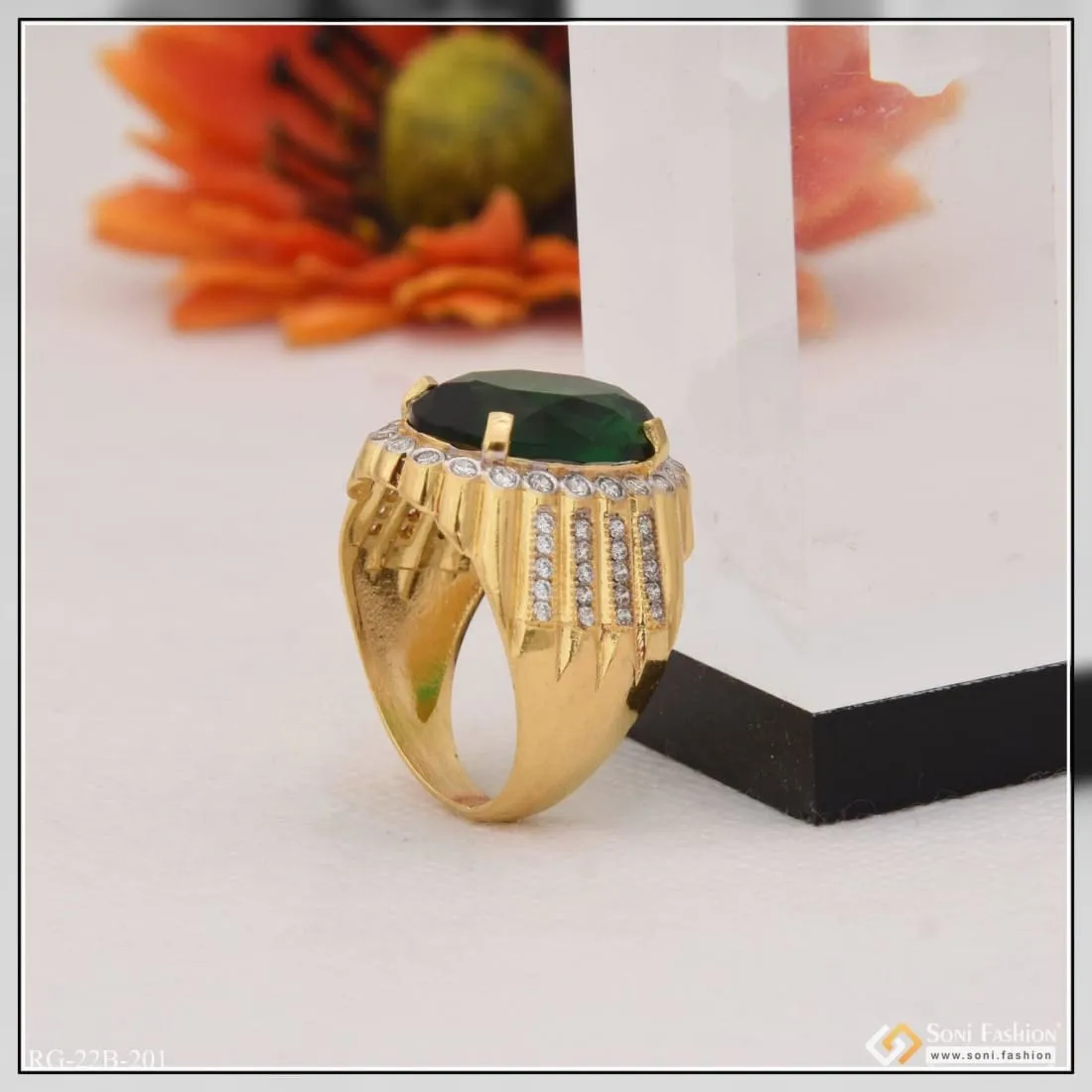 1 Gram Gold Plated Green Stone with Diamond Best Quality Ring for Men - Style B201