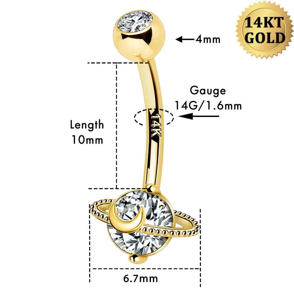 14K Gold Belly Ring Planet Clear CZ 14G Belly Button Ring