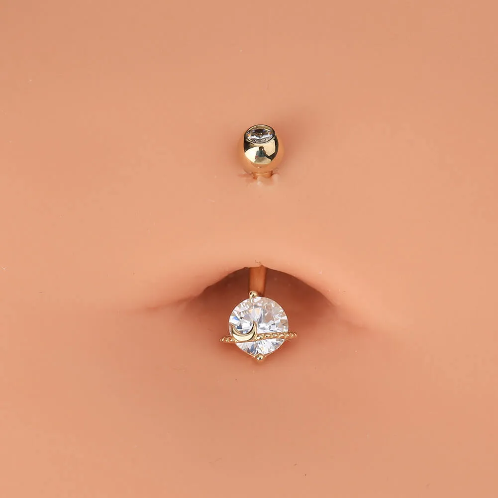 14K Gold Belly Ring Planet Clear CZ 14G Belly Button Ring