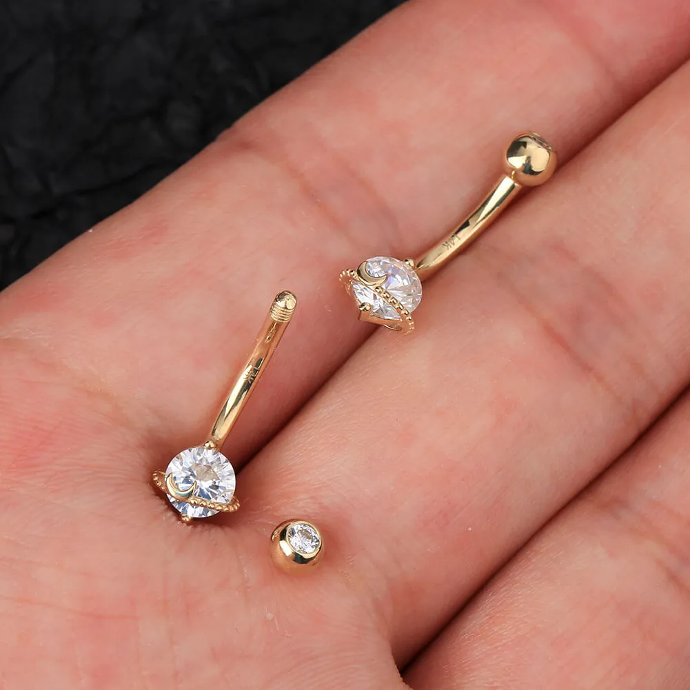 14K Gold Belly Ring Planet Clear CZ 14G Belly Button Ring