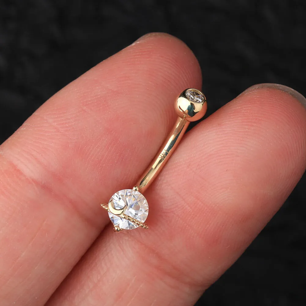 14K Gold Belly Ring Planet Clear CZ 14G Belly Button Ring