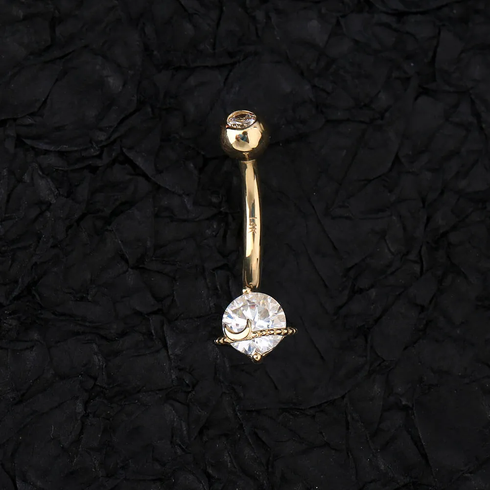 14K Gold Belly Ring Planet Clear CZ 14G Belly Button Ring