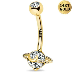 14K Gold Belly Ring Planet Clear CZ 14G Belly Button Ring