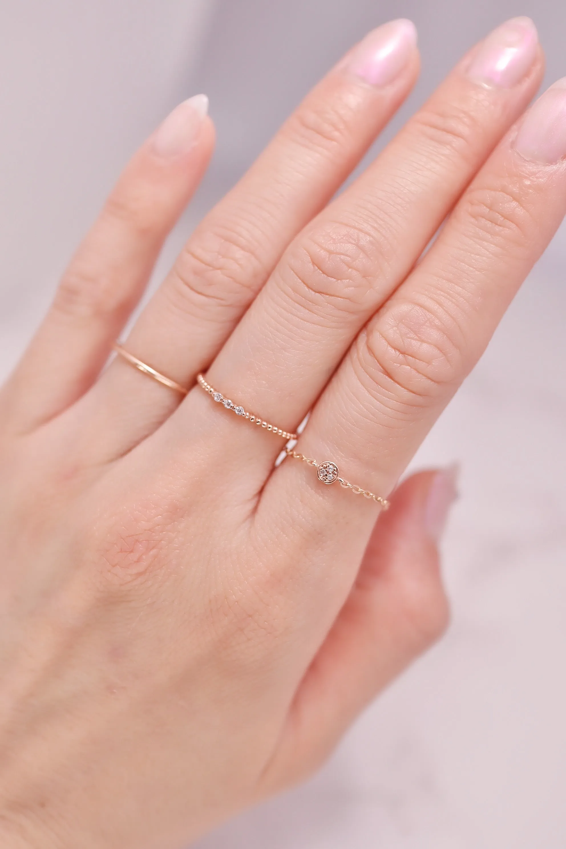 14K Solid Rose Gold 3 Stones Ball Linked Ring