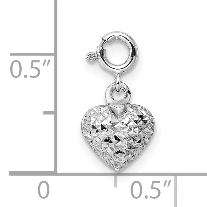 14K White Gold Hollow D.C Finish 3-D Heart Design Spring Ring Clasp Charm Pendant