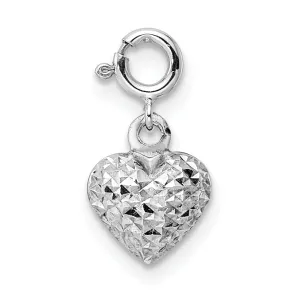 14K White Gold Hollow D.C Finish 3-D Heart Design Spring Ring Clasp Charm Pendant