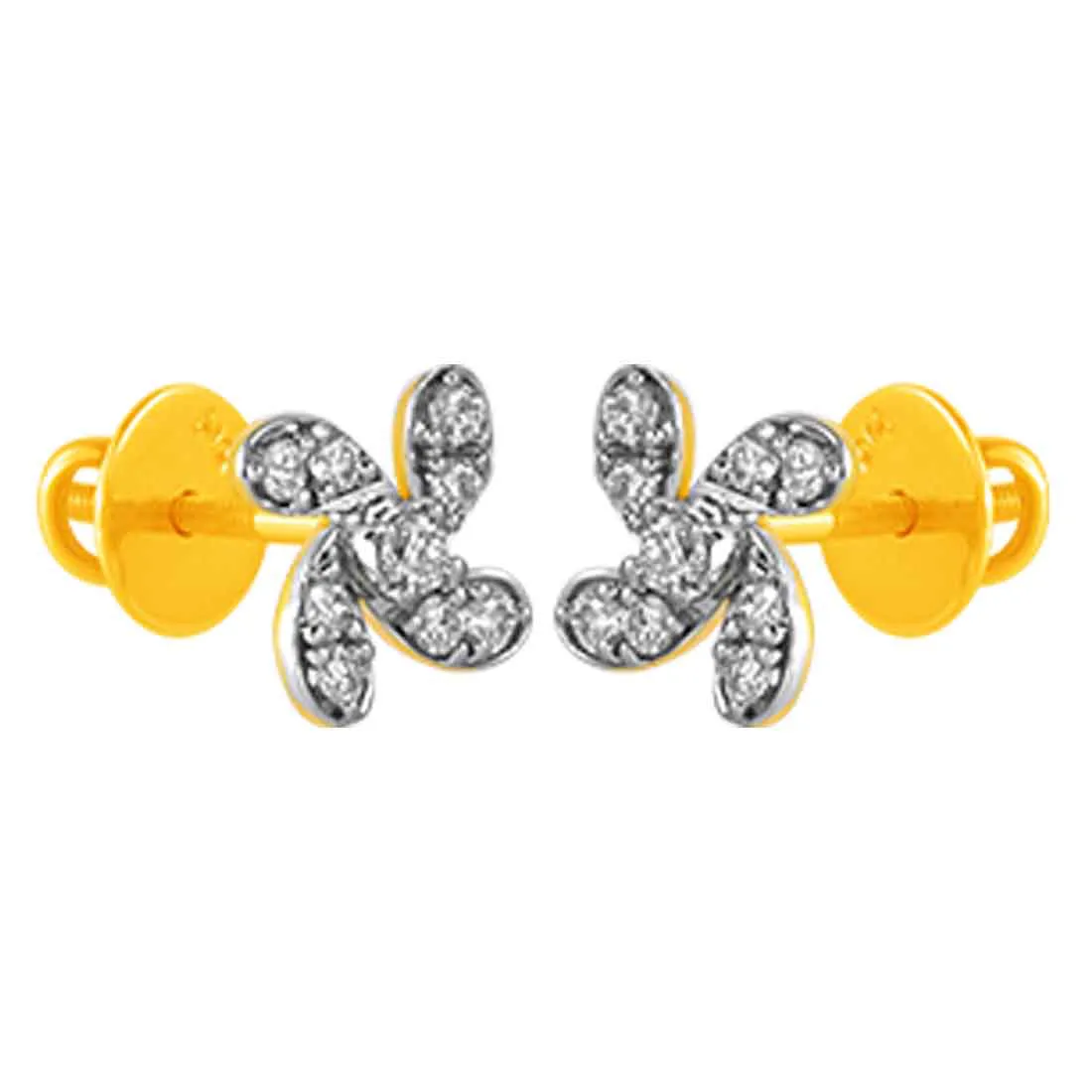 14KT (585) Yellow Gold & Diamond Floral Motifs Stud Earrings