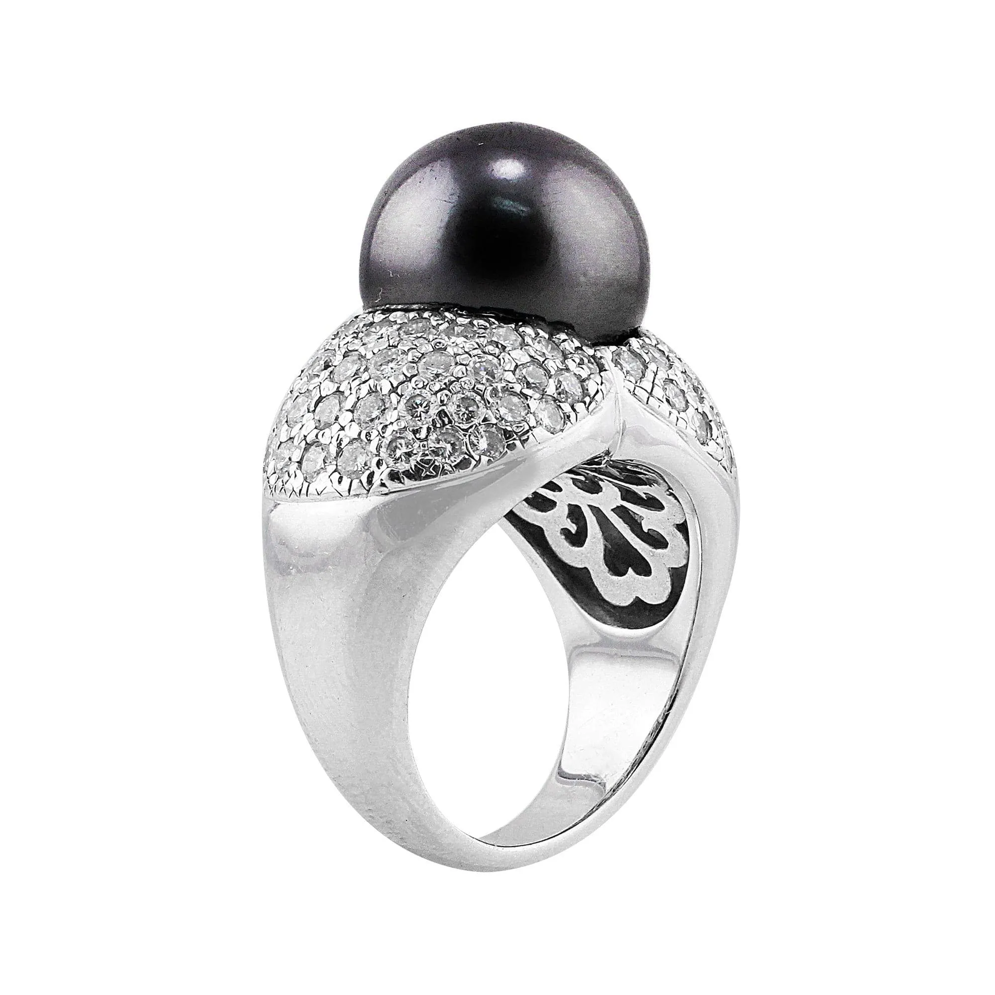 18k White Gold Tahitian Pearl and Pavé Diamond Ring