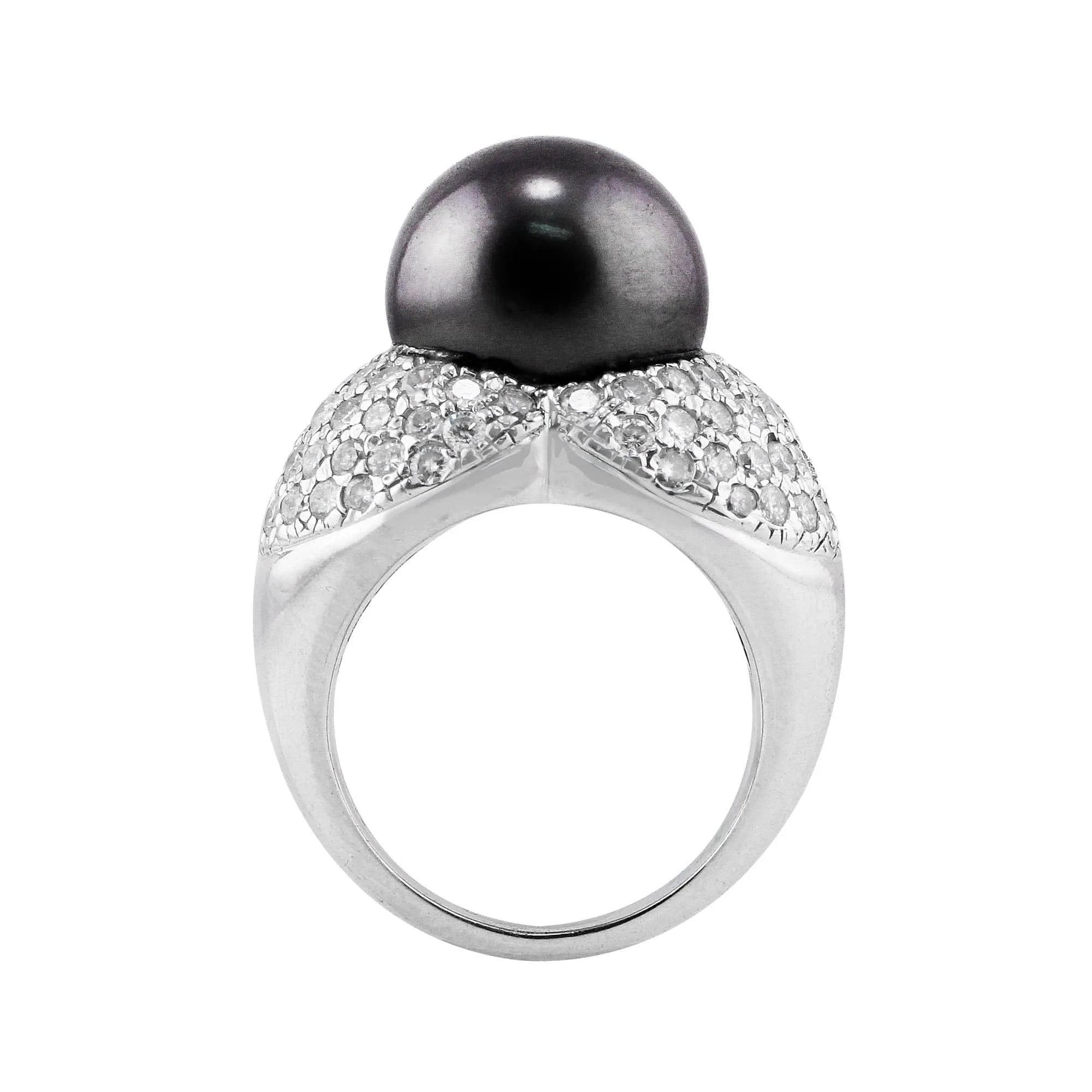 18k White Gold Tahitian Pearl and Pavé Diamond Ring