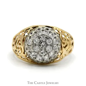 1cttw Kentucky Diamond Cluster Ring with Open Filigree Sides in 10k Yellow Gold