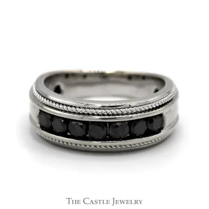 1cttw Round Black Diamond Men's Band with Milgrain Edges in 10k White Gold