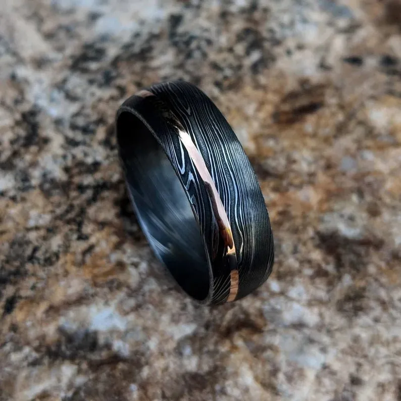 A Touch of Luxury: Authentic Damascus Steel Wedding Band with 14k Rose Gold Inlay