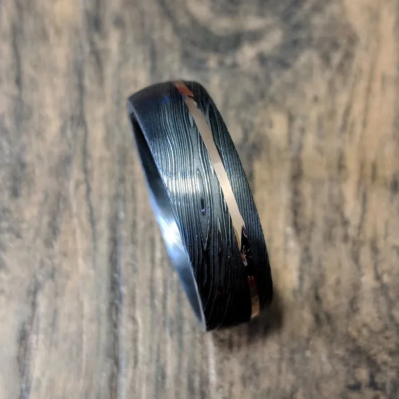 A Touch of Luxury: Authentic Damascus Steel Wedding Band with 14k Rose Gold Inlay