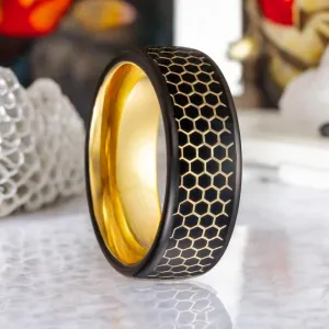 ALTIN | Gold Tungsten Ring, Black Resin Honeycomb Design Inlay, Domed