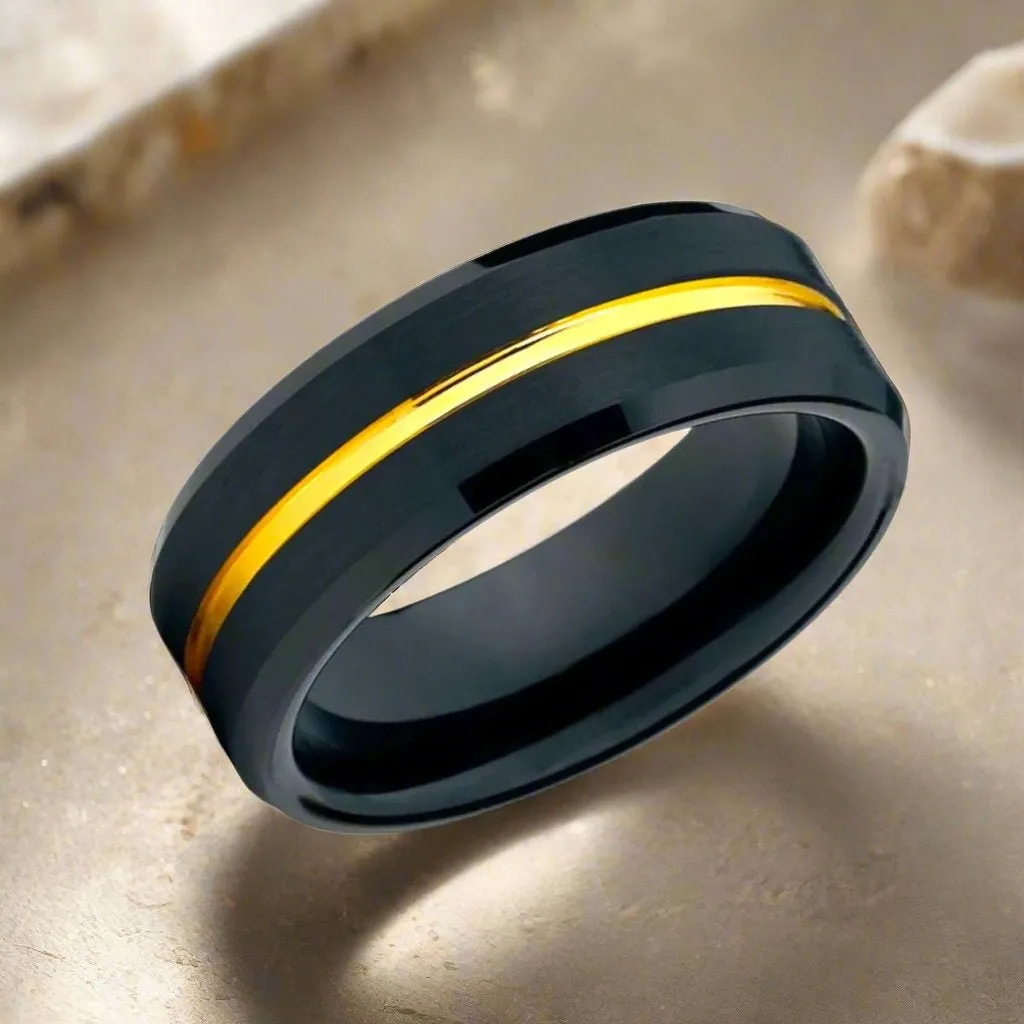 BAIR | Black Tungsten Ring, Gold Groove, Beveled