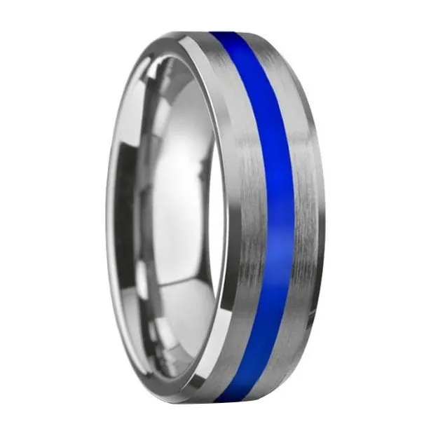 Beveled Edges White Tungsten Brushed Finish Ring with Blue Stripe