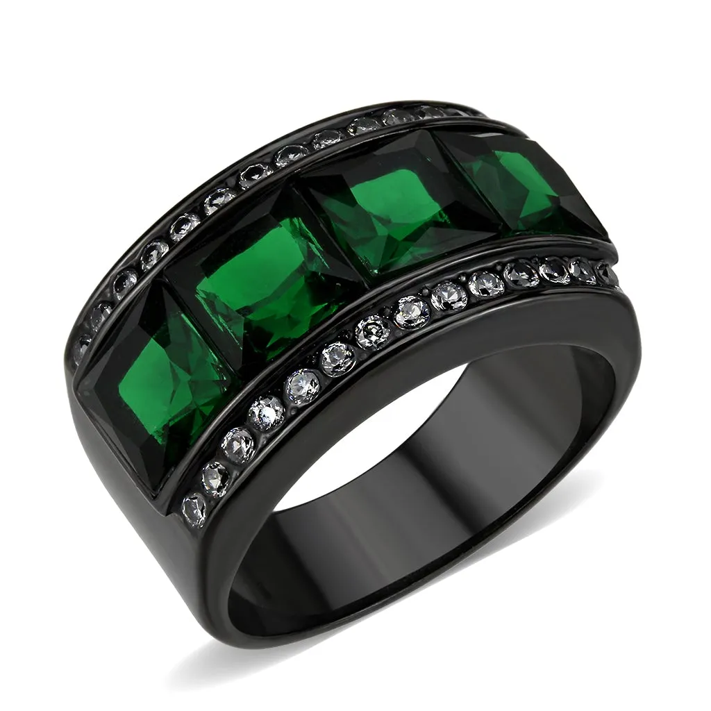 Black Stainless Steel Ring with Synthetic in Emerald for Women Style TK3747