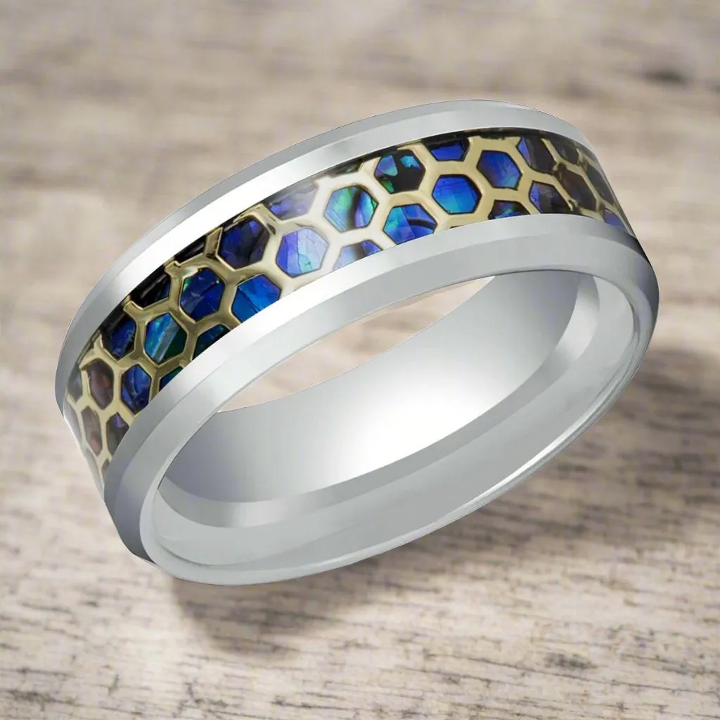 CHAZY | Silver Tungsten Ring, Honeycomb Abalone Inlay, Beveled Edge