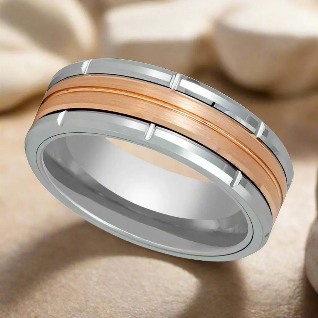 COMMAND | Silver Tungsten Ring, Two Tone, Rose Gold Inlay