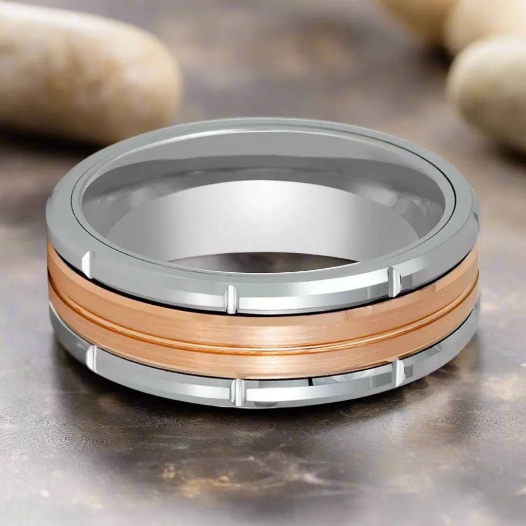 COMMAND | Silver Tungsten Ring, Two Tone, Rose Gold Inlay