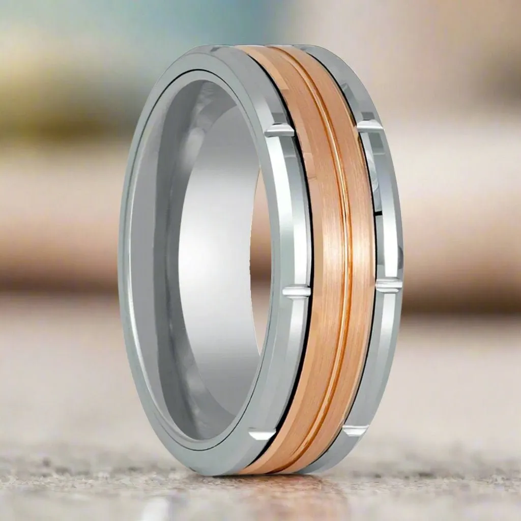 COMMAND | Silver Tungsten Ring, Two Tone, Rose Gold Inlay