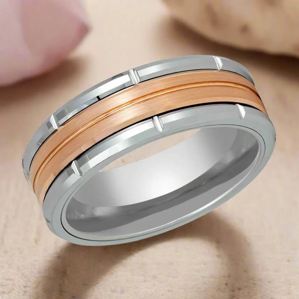 COMMAND | Silver Tungsten Ring, Two Tone, Rose Gold Inlay