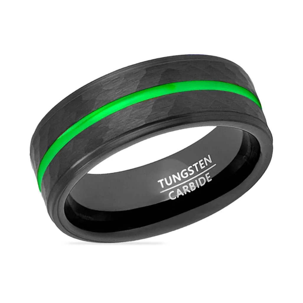 CYCLONE | Black Tungsten Ring, Hammered, Green Groove, Stepped Edge