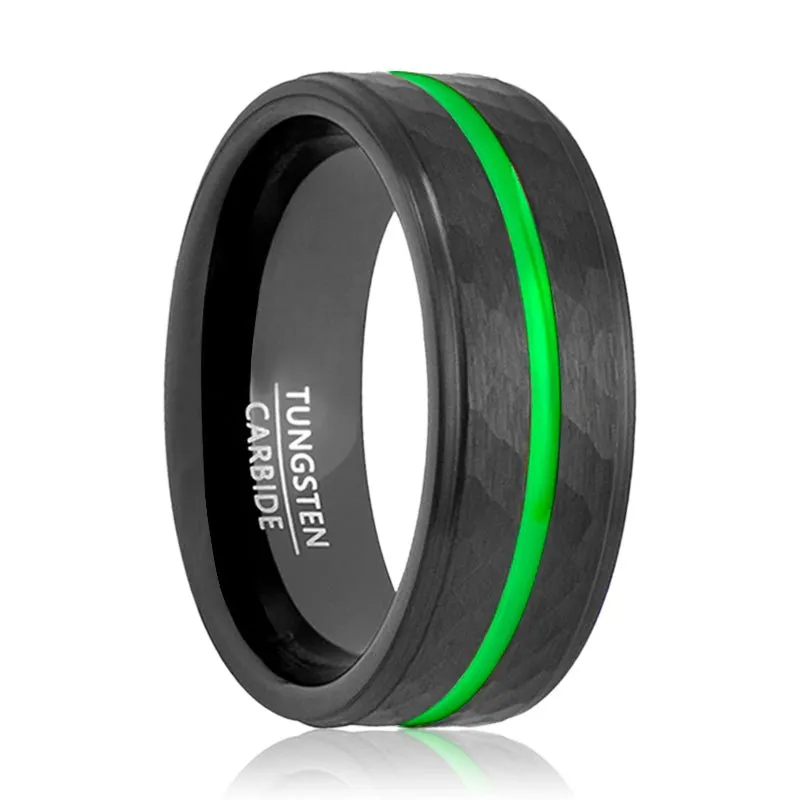 CYCLONE | Black Tungsten Ring, Hammered, Green Groove, Stepped Edge