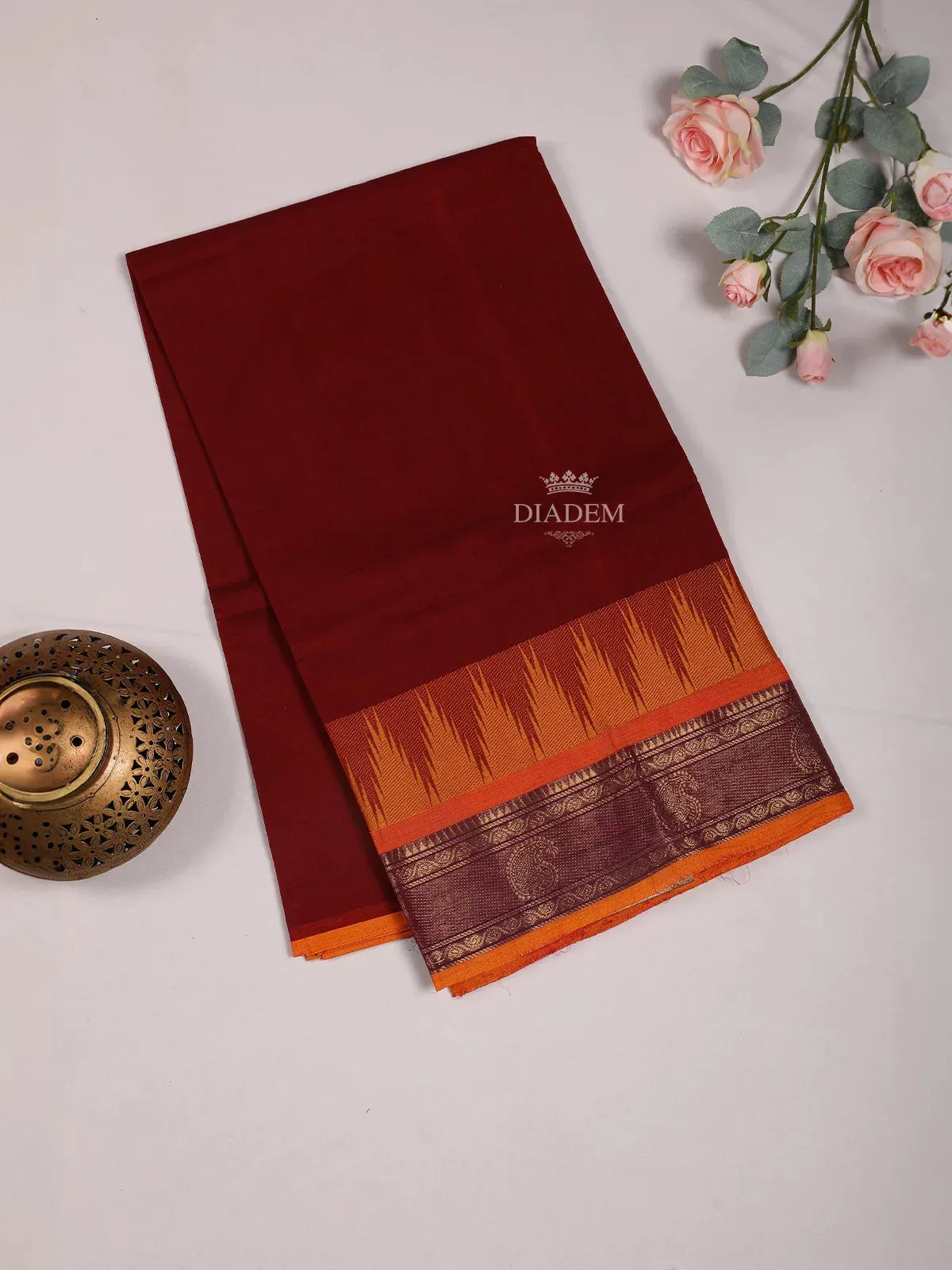 Dark Brown Cotton Saree with Plain Body and Contrast Border