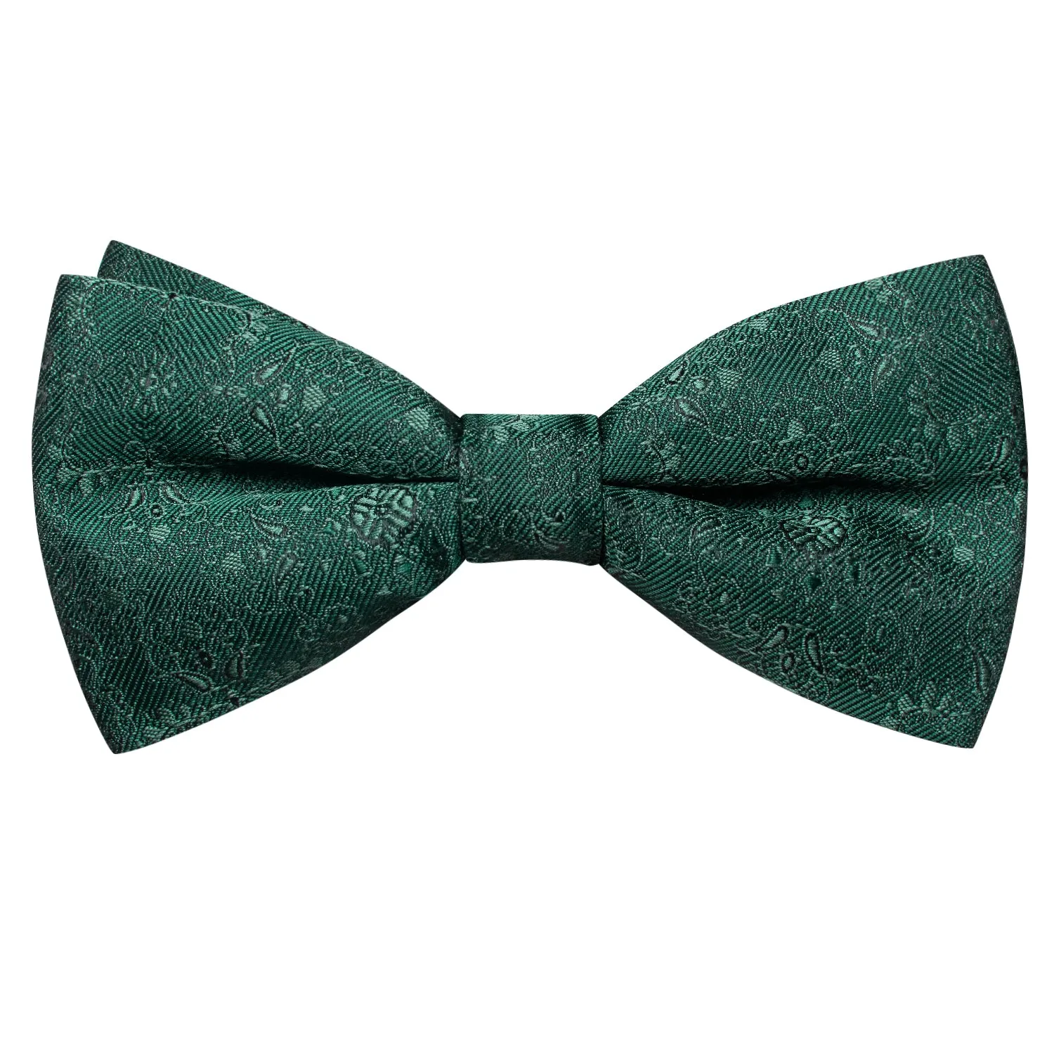 Deep Green Floral Silk Pre-tied Bow Tie Hanky Cufflinks Set