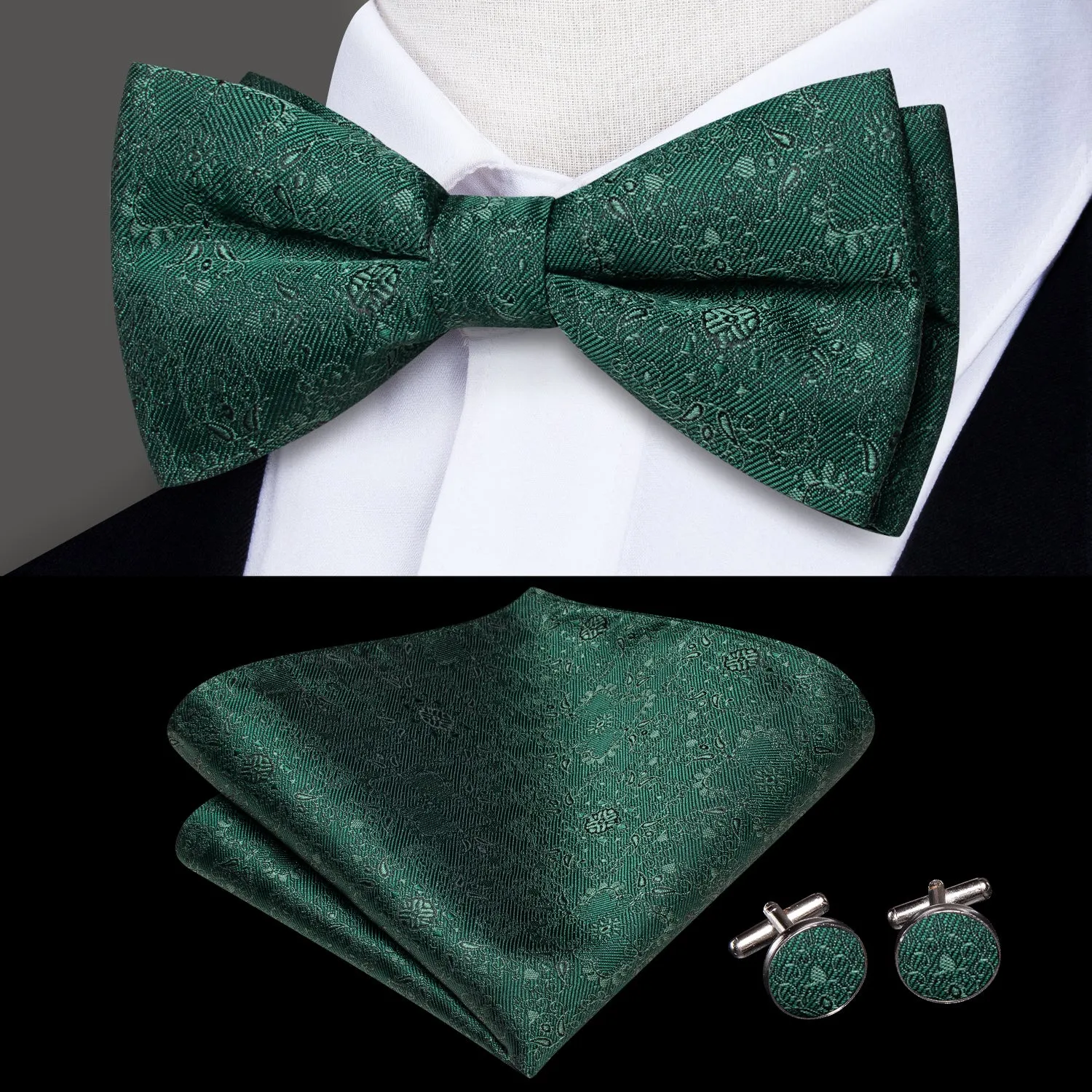 Deep Green Floral Silk Pre-tied Bow Tie Hanky Cufflinks Set