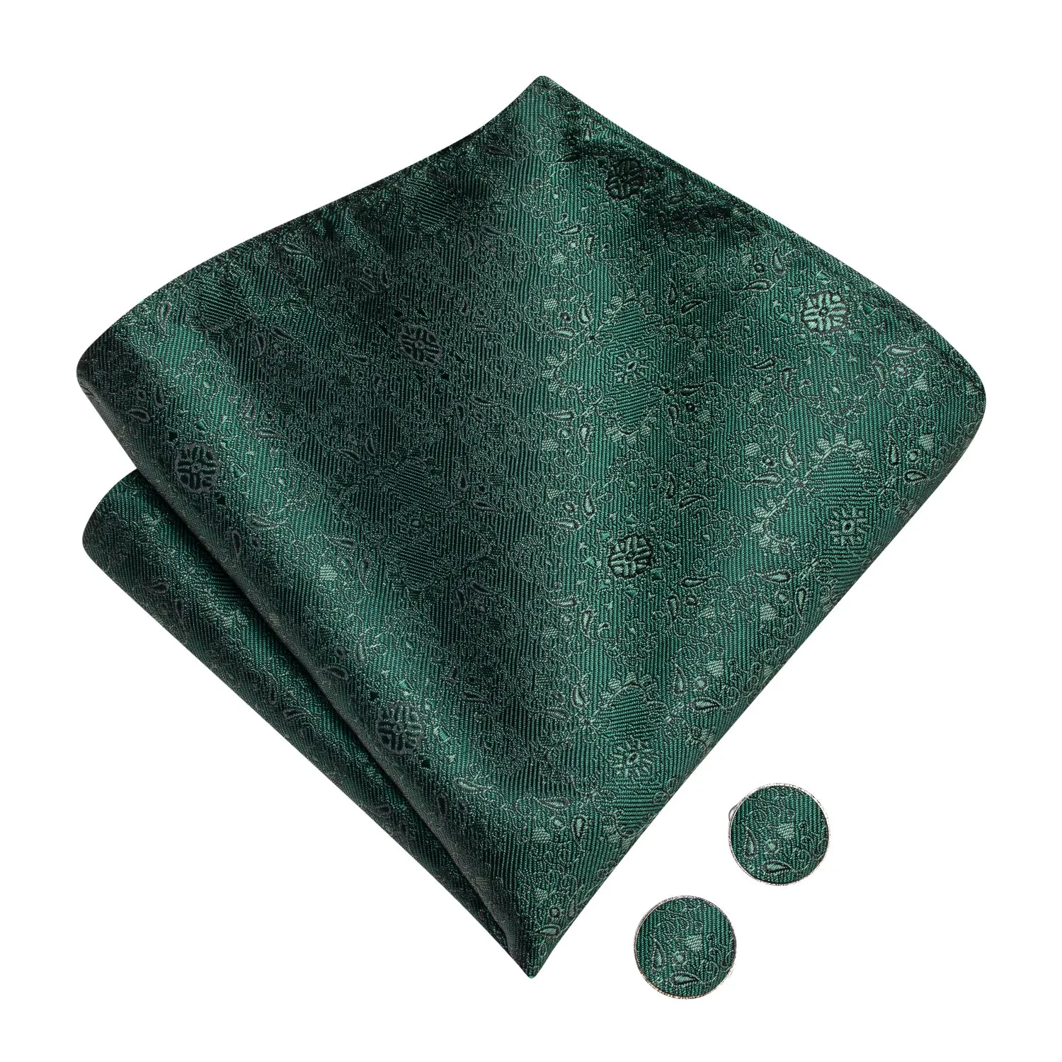 Deep Green Floral Silk Pre-tied Bow Tie Hanky Cufflinks Set