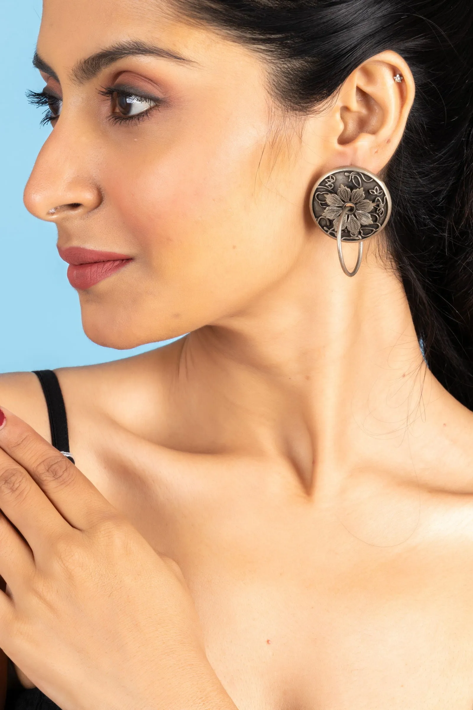 Designer Oxidized Silver Floral Ring Stud Earrings for Elegant Everyday Wear