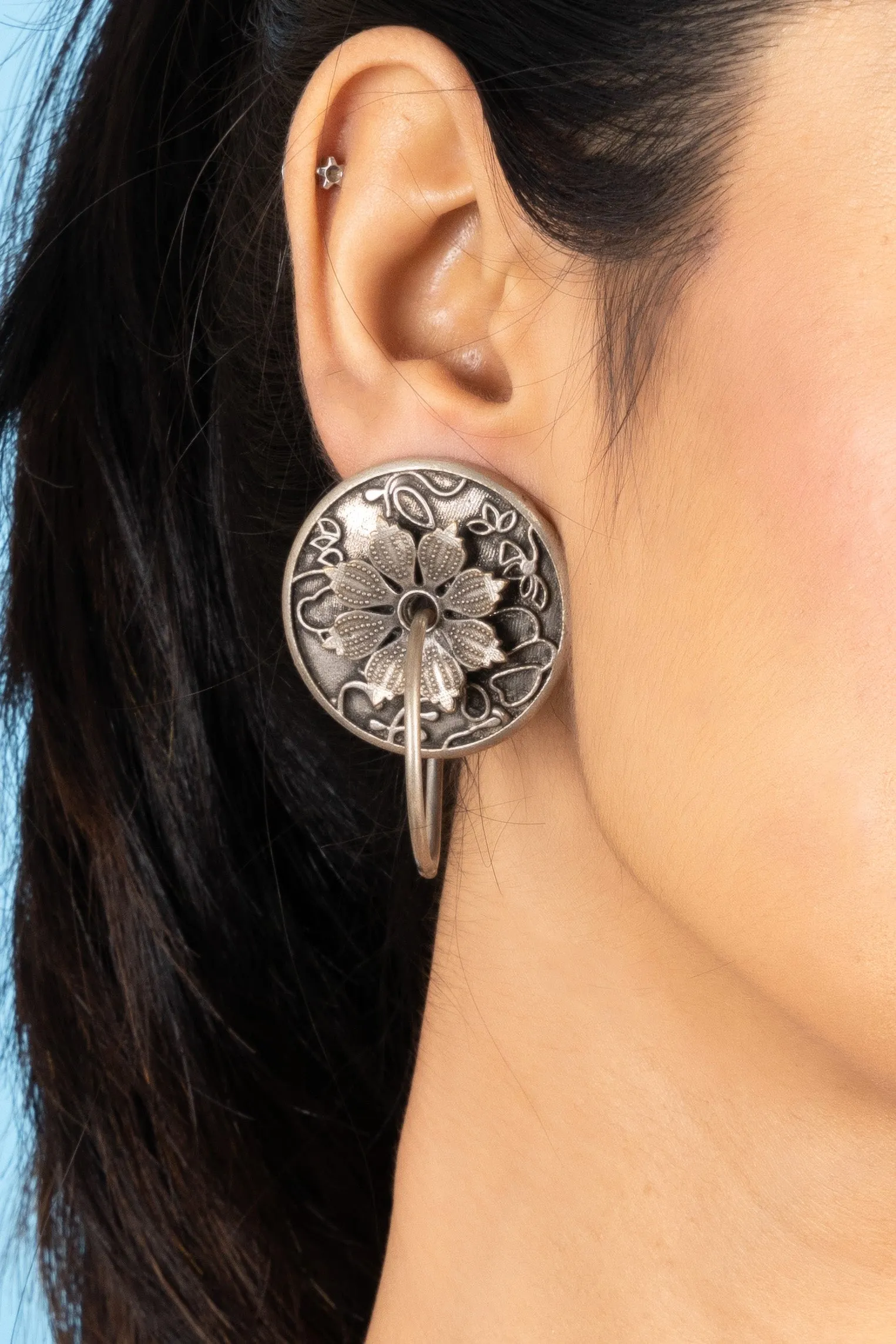 Designer Oxidized Silver Floral Ring Stud Earrings for Elegant Everyday Wear