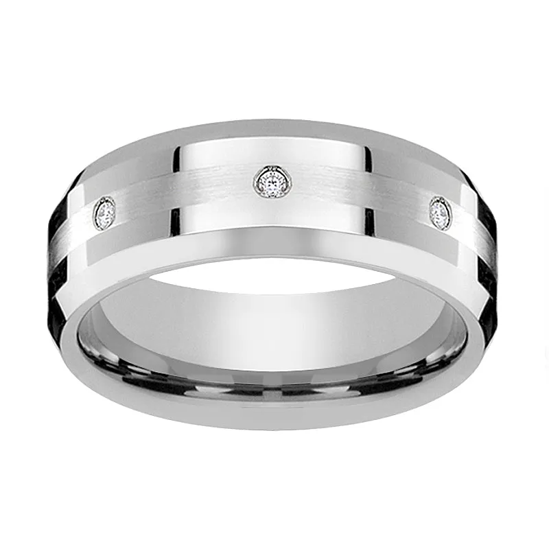 DEVONSHIRE | Silver Tungsten Ring Palladium Inlay & Diamonds, Beveled