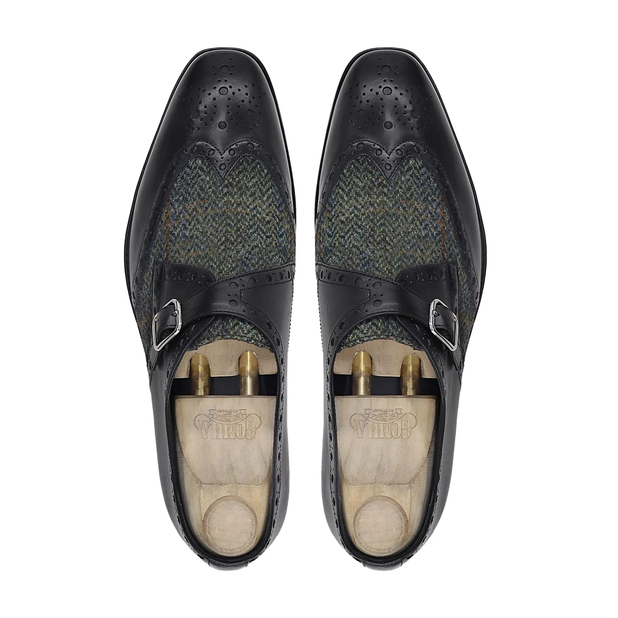 Donae - Men's Black Calf Leather and Harris Tweed Single Monkstrap