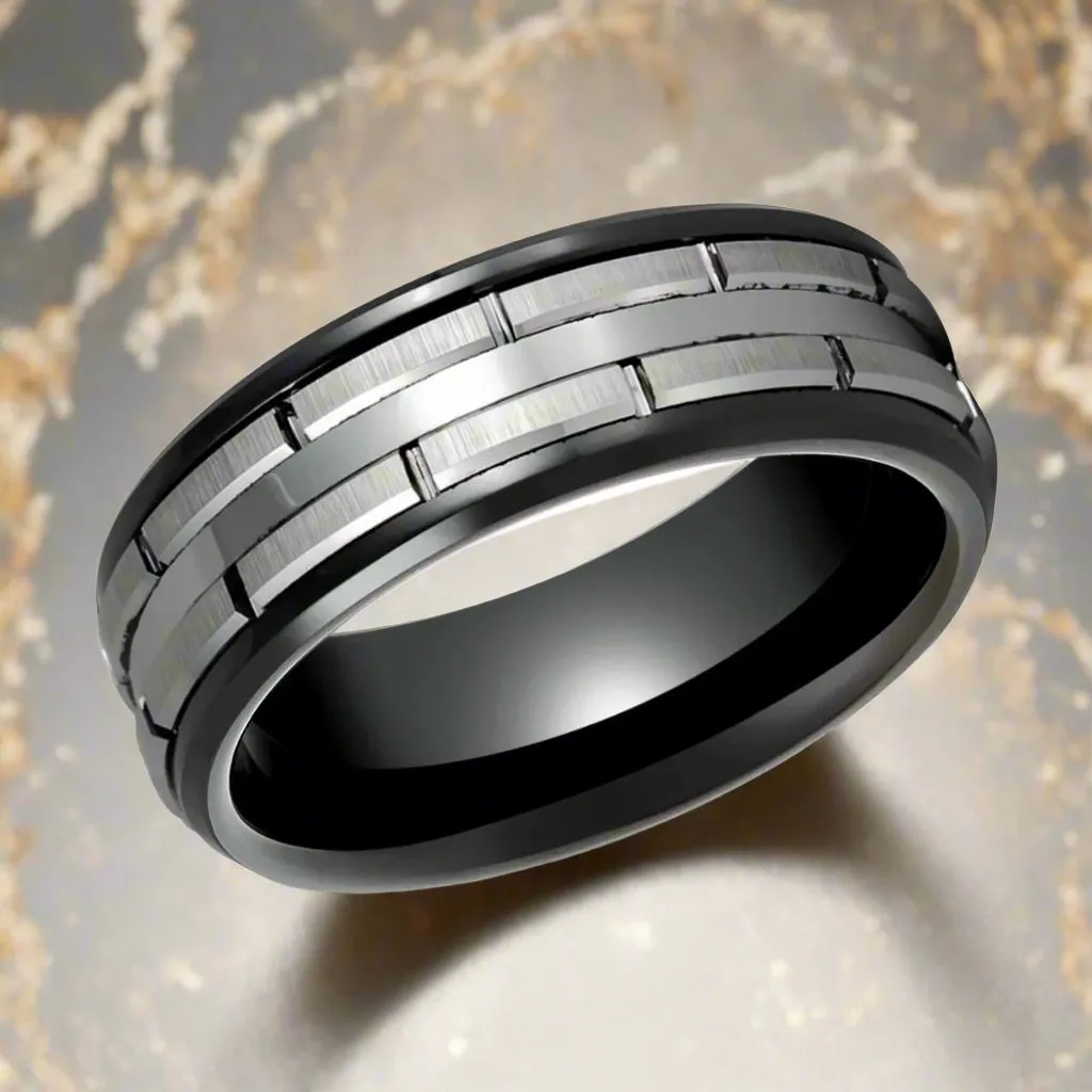 DUALITY | Black Tungsten Ring, Two Tone, Patterned Design, Beveled