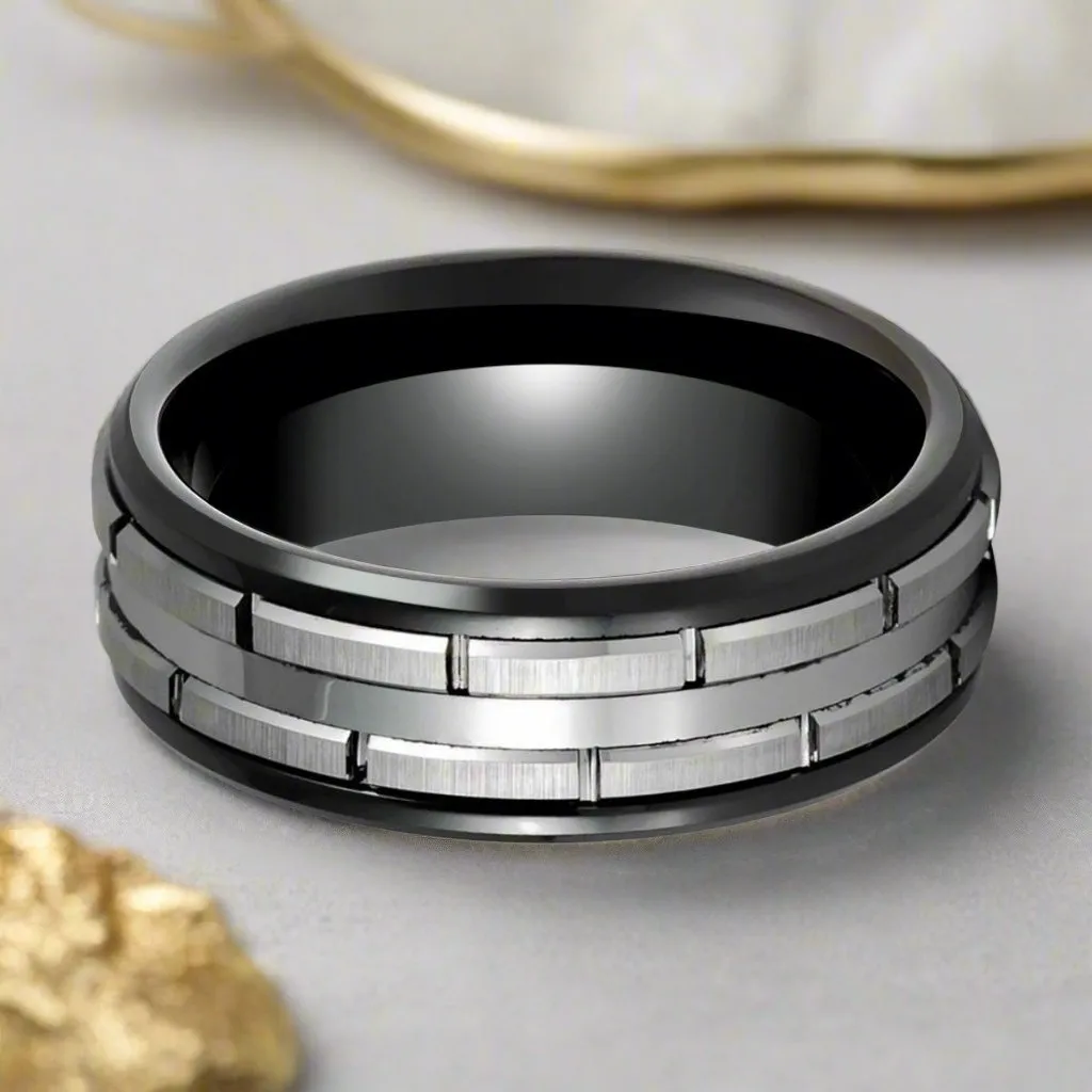 DUALITY | Black Tungsten Ring, Two Tone, Patterned Design, Beveled