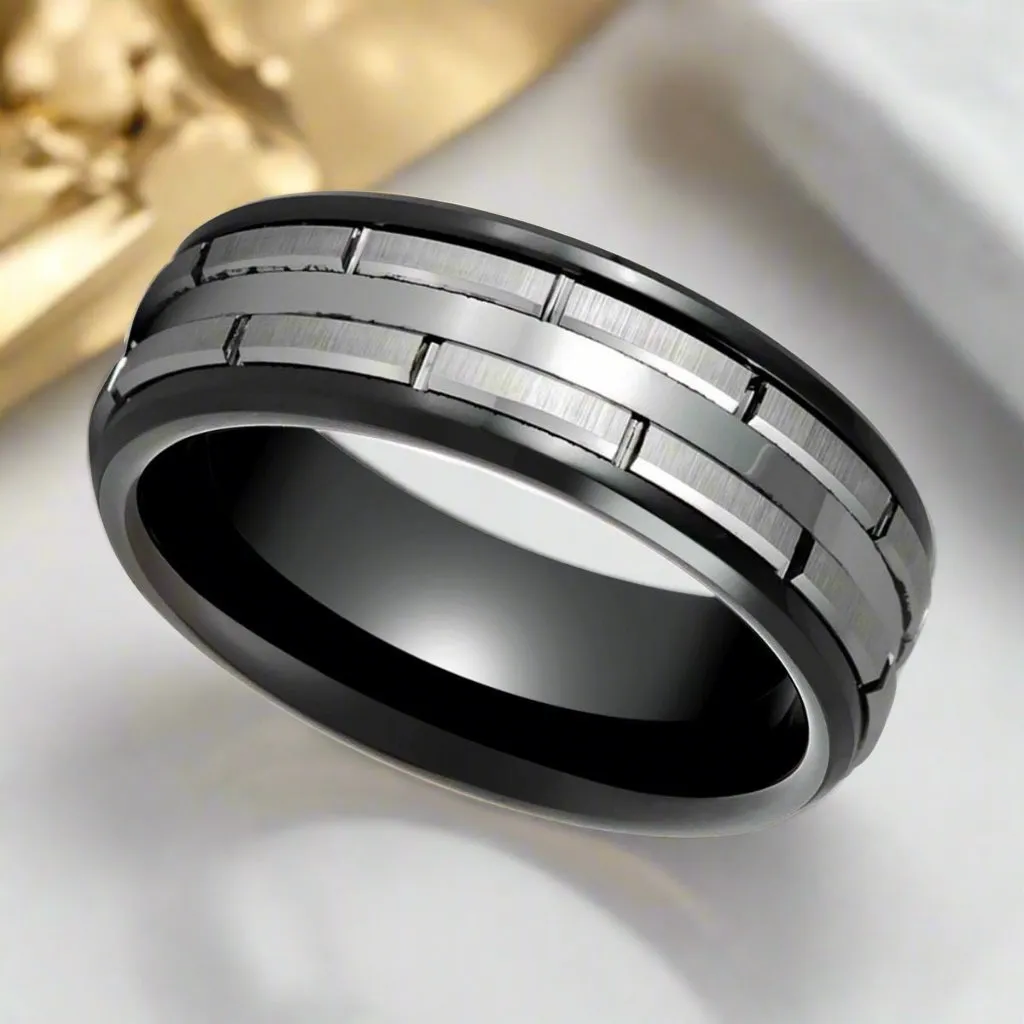 DUALITY | Black Tungsten Ring, Two Tone, Patterned Design, Beveled