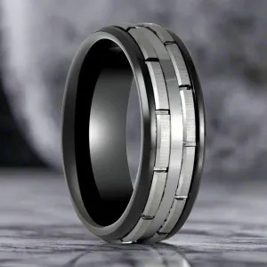 DUALITY | Black Tungsten Ring, Two Tone, Patterned Design, Beveled