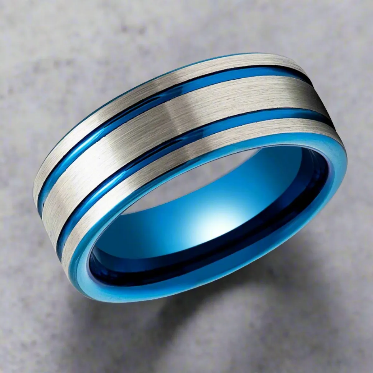 DUALWAVE | Blue Tungsten Ring, Pipe Cut Blue Ring, Double Striped Center