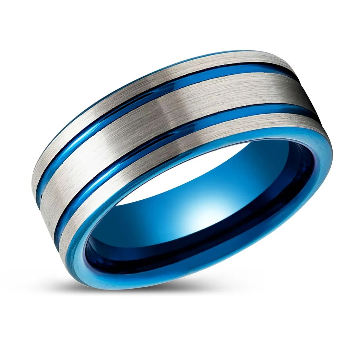 DUALWAVE | Blue Tungsten Ring, Pipe Cut Blue Ring, Double Striped Center