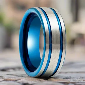 DUALWAVE | Blue Tungsten Ring, Pipe Cut Blue Ring, Double Striped Center