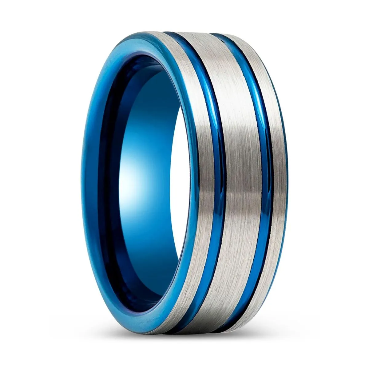 DUALWAVE | Blue Tungsten Ring, Pipe Cut Blue Ring, Double Striped Center